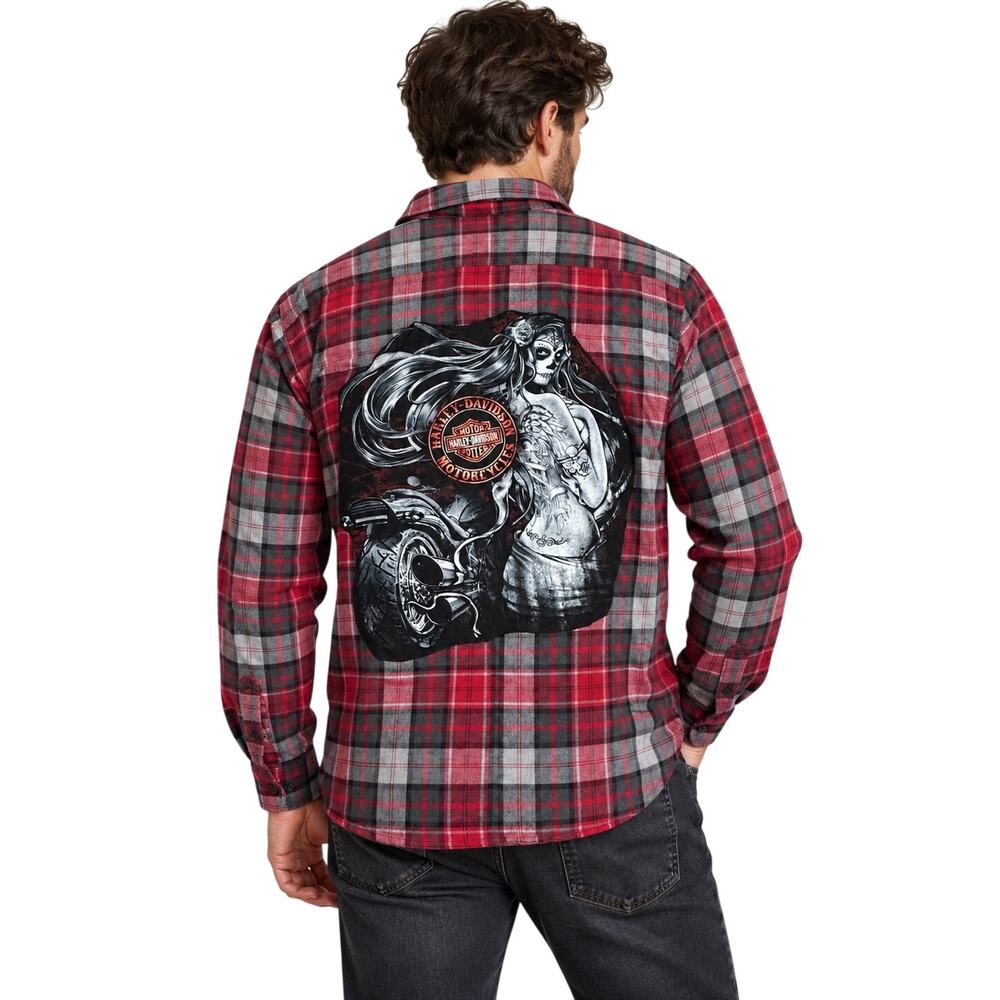 Falls Creek Mens M Upcycled Flannel Jacket Harley-Davidson Patch Red Plaid Lined